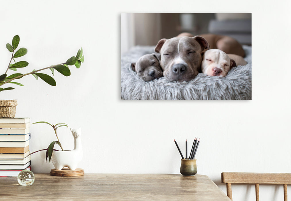 Premium Textil-Leinwand Pitbull - Familienglück