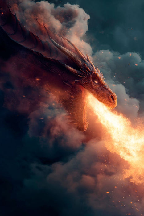 Premium Textil-Leinwand Drachen - Feuer über den Wolken