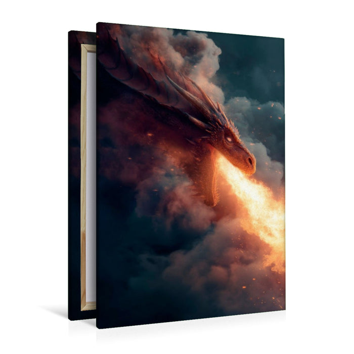Premium Textil-Leinwand Drachen - Feuer über den Wolken