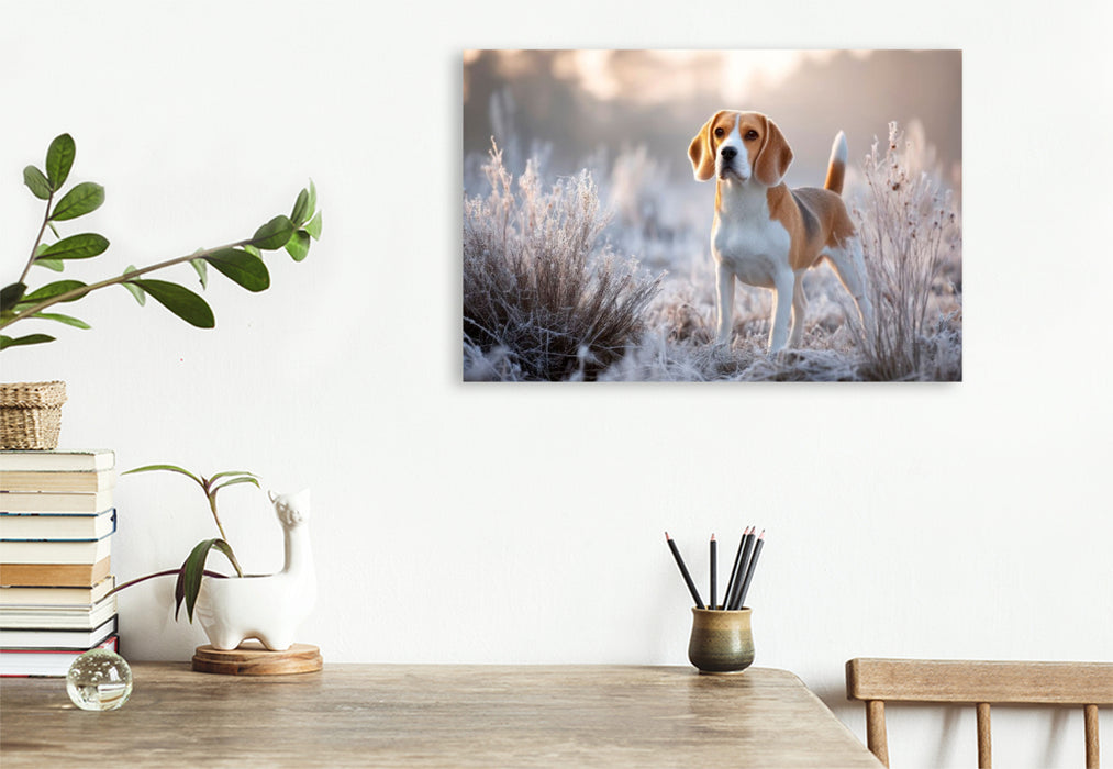 Premium Textil-Leinwand Beagle - Ein Hauch von Winter