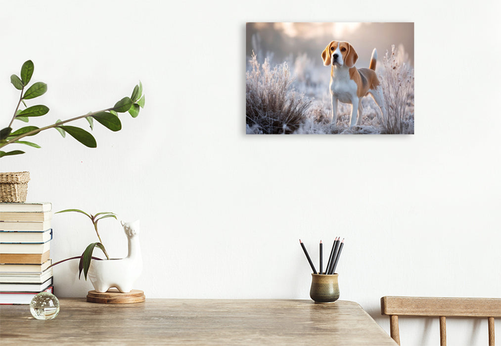 Premium Textil-Leinwand Beagle - Ein Hauch von Winter