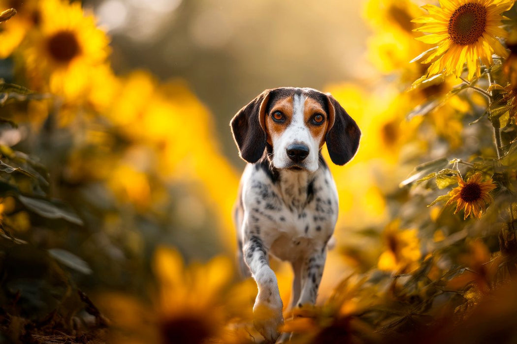 Premium Textil-Leinwand Beagle - Abenteuer im Sonnenblumenfeld