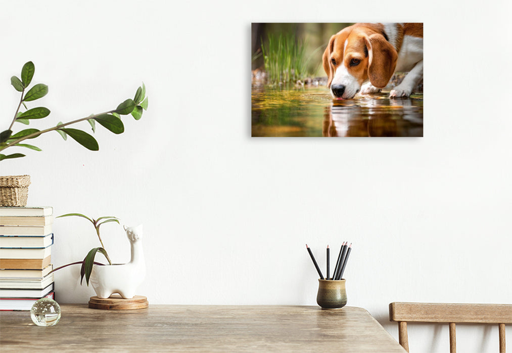 Premium Textil-Leinwand Beagle - Durstige Spürnase