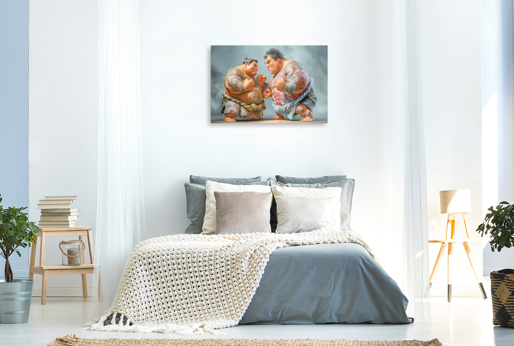 Premium Textil-Leinwand Sumoringer Karikaturen