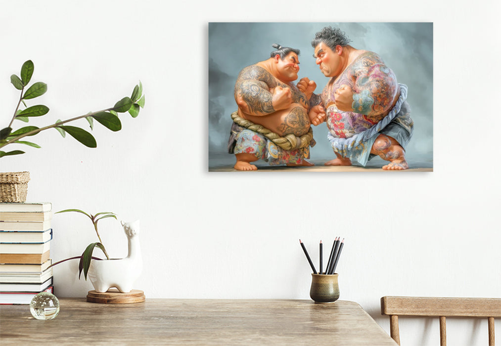 Premium Textil-Leinwand Sumoringer Karikaturen