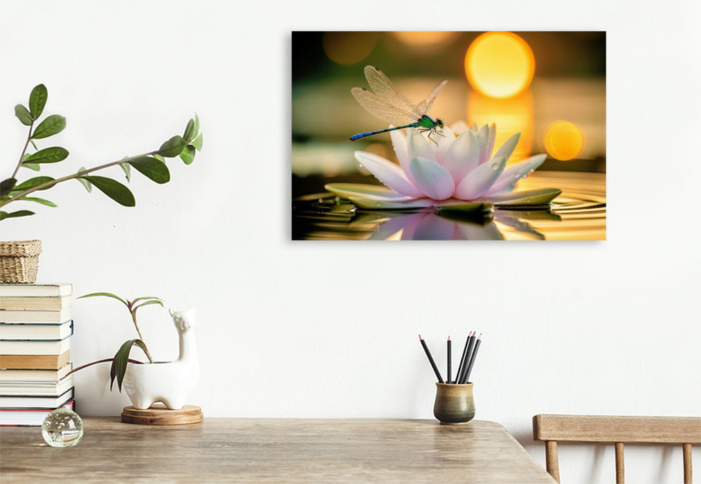 Premium Textil-Leinwand Eine Libelle auf einer Seerose.