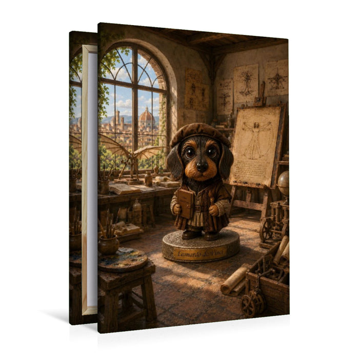 Premium Textil-Leinwand Dackel als Leonardo da Vinci