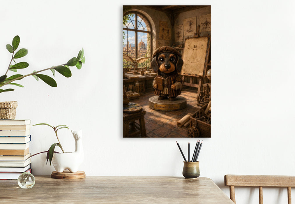 Premium Textil-Leinwand Dackel als Leonardo da Vinci