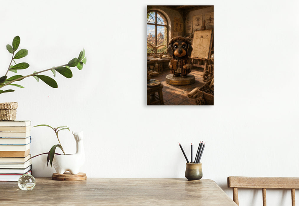 Premium Textil-Leinwand Dackel als Leonardo da Vinci