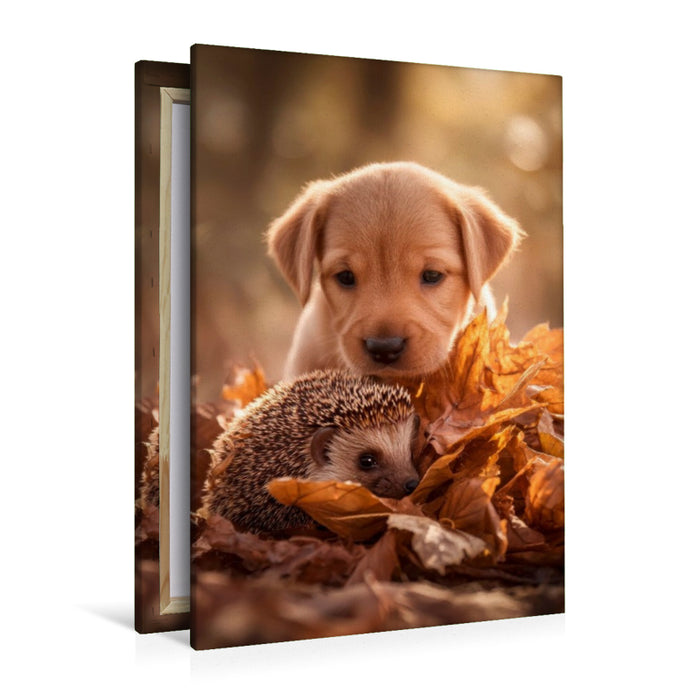 Premium Textil-Leinwand Igel und Welpe - Tierischer Herbstzauber
