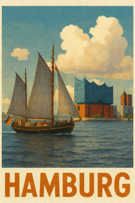 Premium Textil-Leinwand Historisches Segelschiff mit Elbphilharmonie