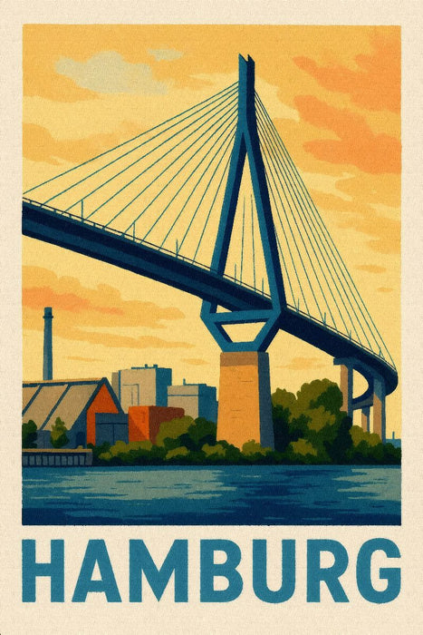 Premium Textil-Leinwand Köhlbrandbrücke am Abend