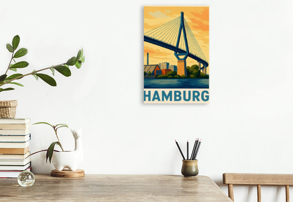 Premium Textil-Leinwand Köhlbrandbrücke am Abend