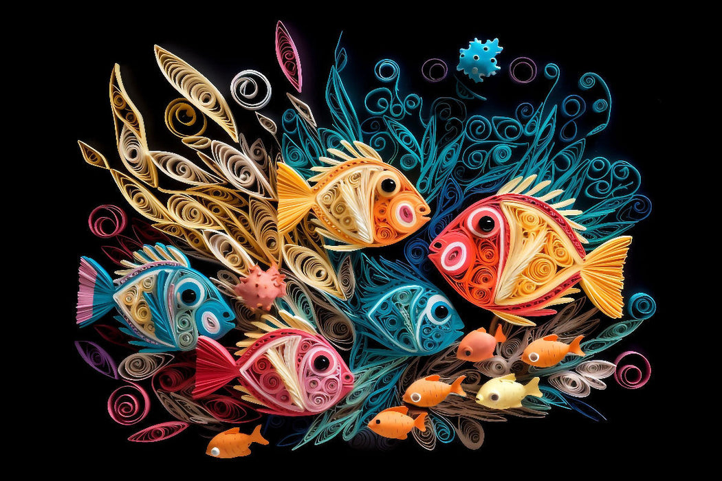 Premium Textil-Leinwand Fische in Quilling Technik