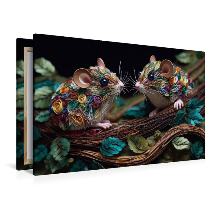 Premium Textil-Leinwand Mäuse in Quilling Technik auf einem Ast