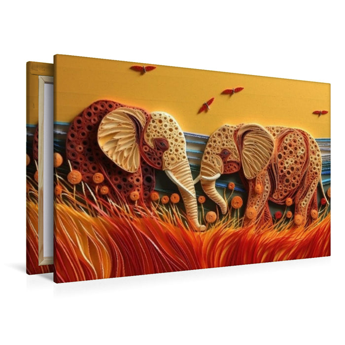 Premium Textil-Leinwand Elefanten in der Savanne mit Quilling Technik