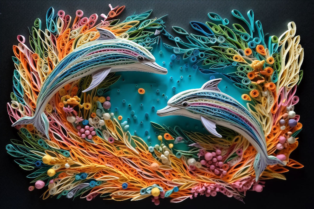 Premium Textil-Leinwand Springende Delfine in Quilling Technik