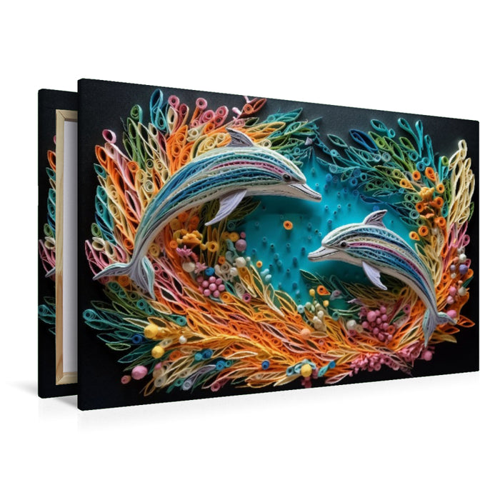 Premium Textil-Leinwand Springende Delfine in Quilling Technik