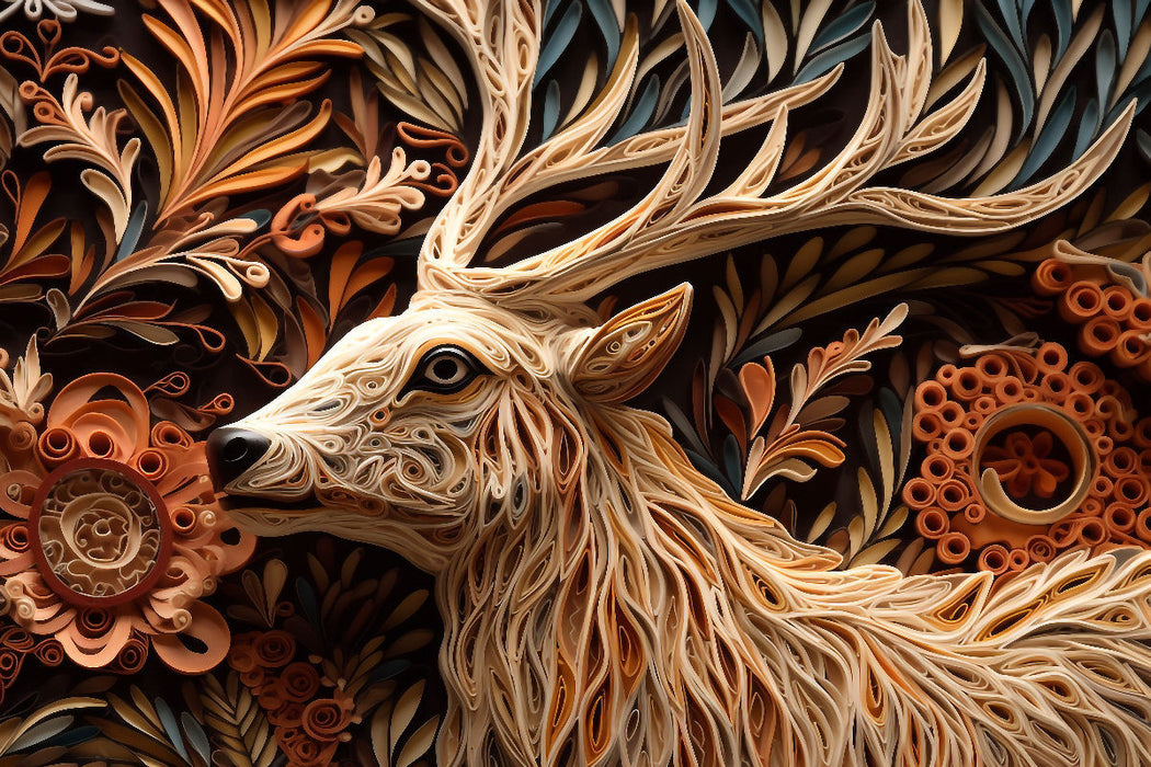 Premium Textil-Leinwand Hirsch mit Geweih in Quilling Technik