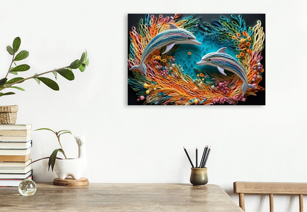 Premium Textil-Leinwand Springende Delfine in Quilling Technik