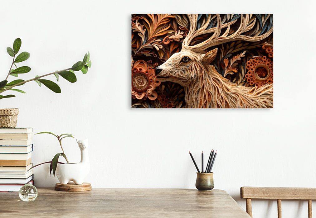Premium Textil-Leinwand Hirsch mit Geweih in Quilling Technik