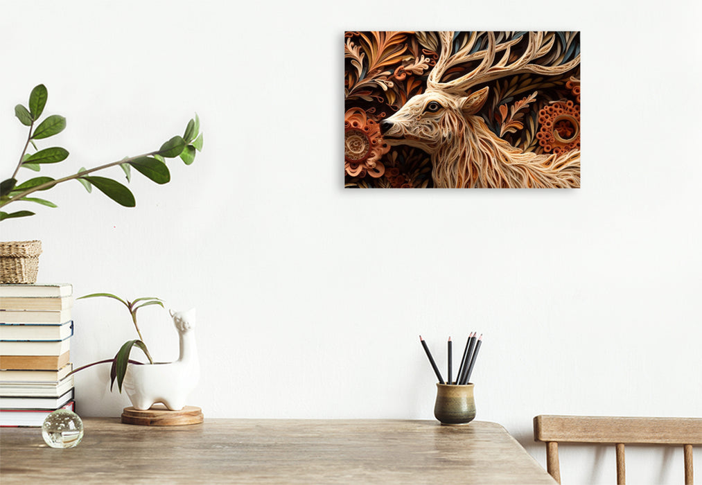 Premium Textil-Leinwand Hirsch mit Geweih in Quilling Technik