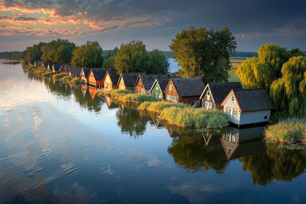 Premium Textil-Leinwand Bootshäuser an der Müritz