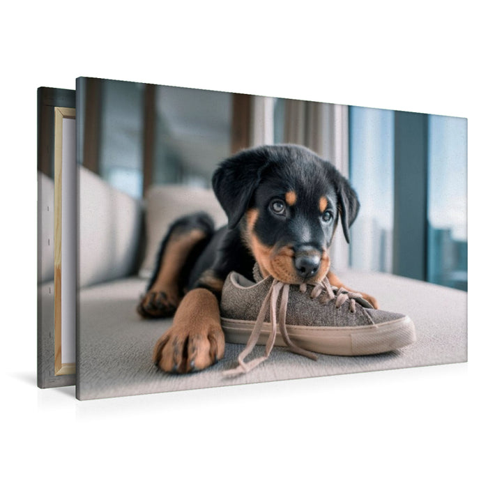 Premium Textil-Leinwand Rottweiler - Kleiner Schuhdieb
