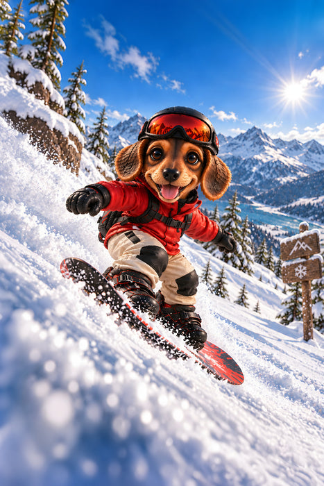 Premium Textil-Leinwand Dackel Lui – Snowboarder