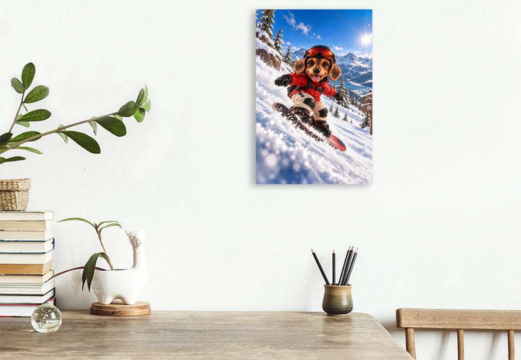 Premium Textil-Leinwand Dackel Lui – Snowboarder