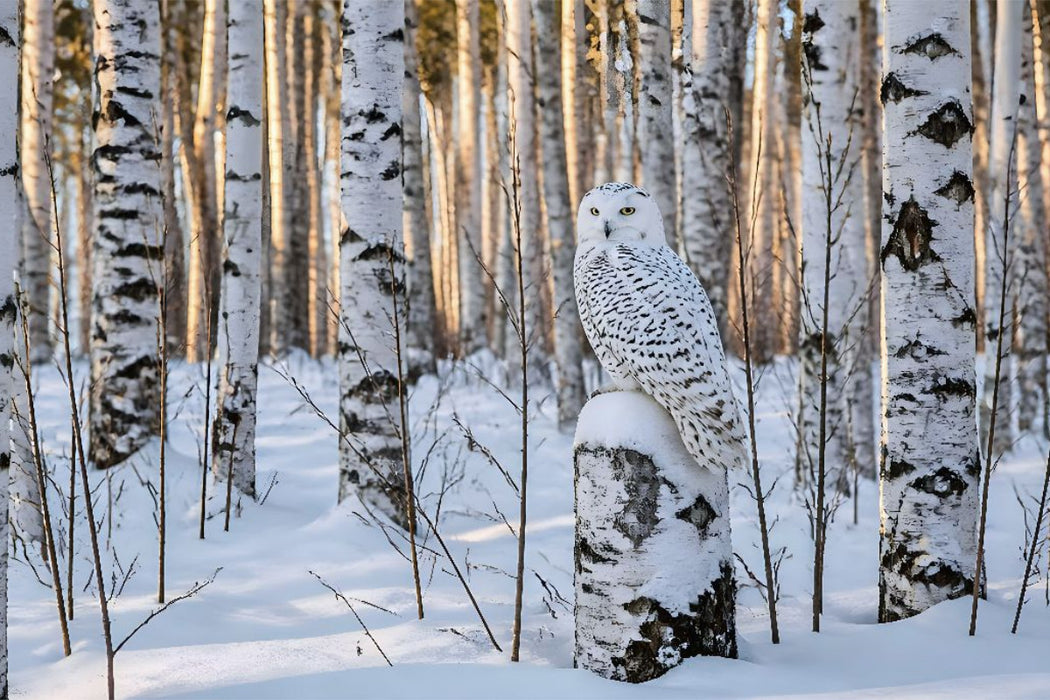 Premium Textil-Leinwand Unsichtbar in Weiß – Schneeeule im Winter