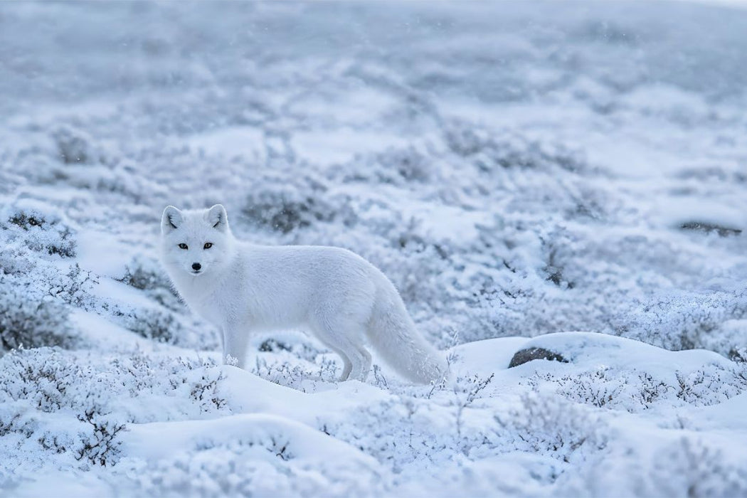 Premium Textil-Leinwand Fast eins mit dem Schnee – Polarfuchs im Winter