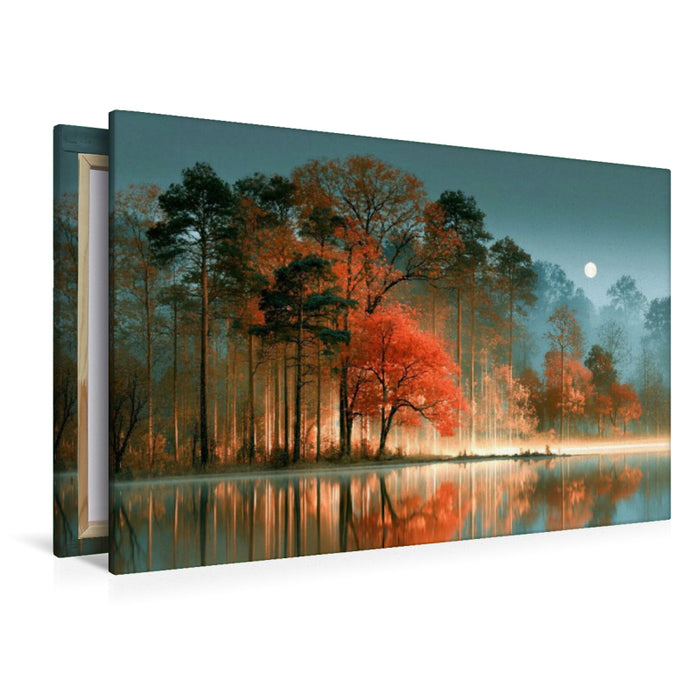 Premium Textil-Leinwand Strahlender Mond über Wald und Wasser