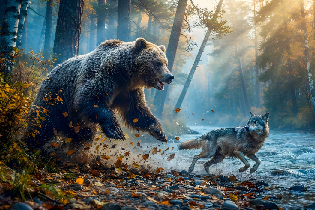 Premium Textil-Leinwand Der Bär stellt den überraschten Wolf
