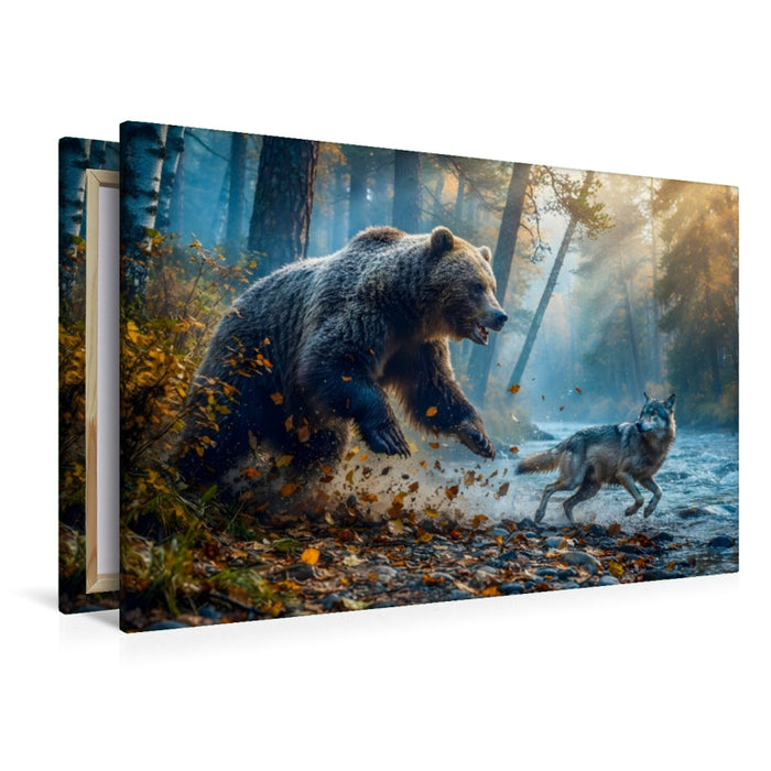 Premium Textil-Leinwand Der Bär stellt den überraschten Wolf