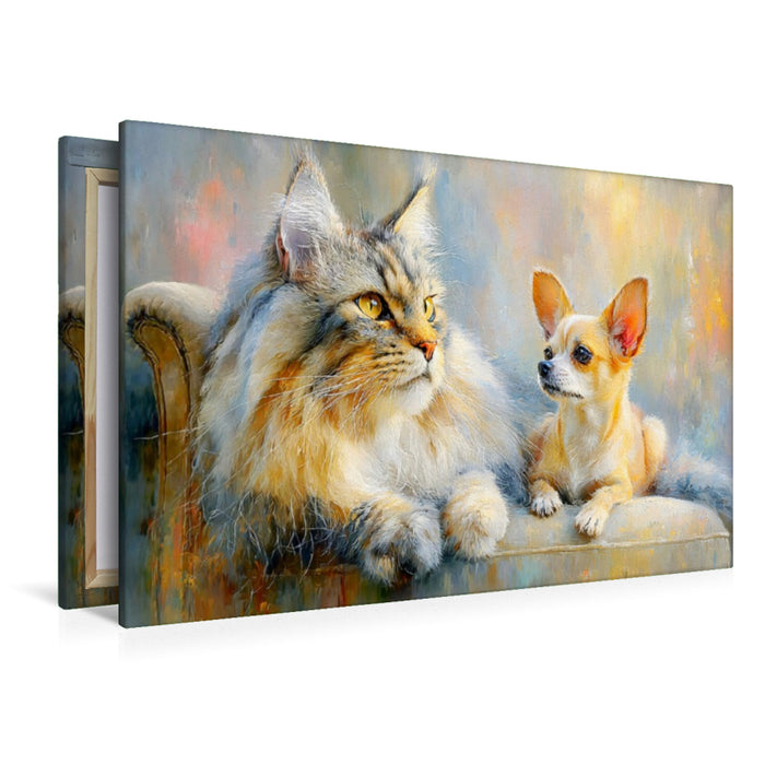 Premium Textil-Leinwand Katze mit kleinem Hund