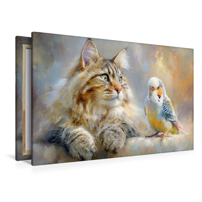 Premium Textil-Leinwand Maine Coon mit Wellensittich