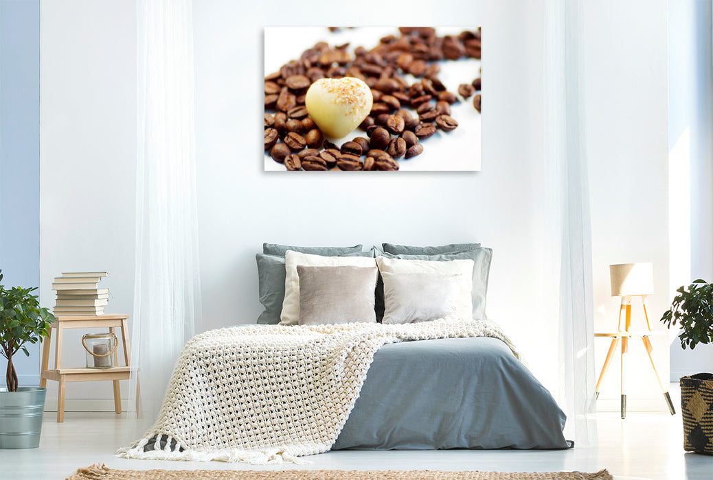 Toile textile premium Toile textile premium 120 cm x 80 cm paysage café coeurs chocolat 