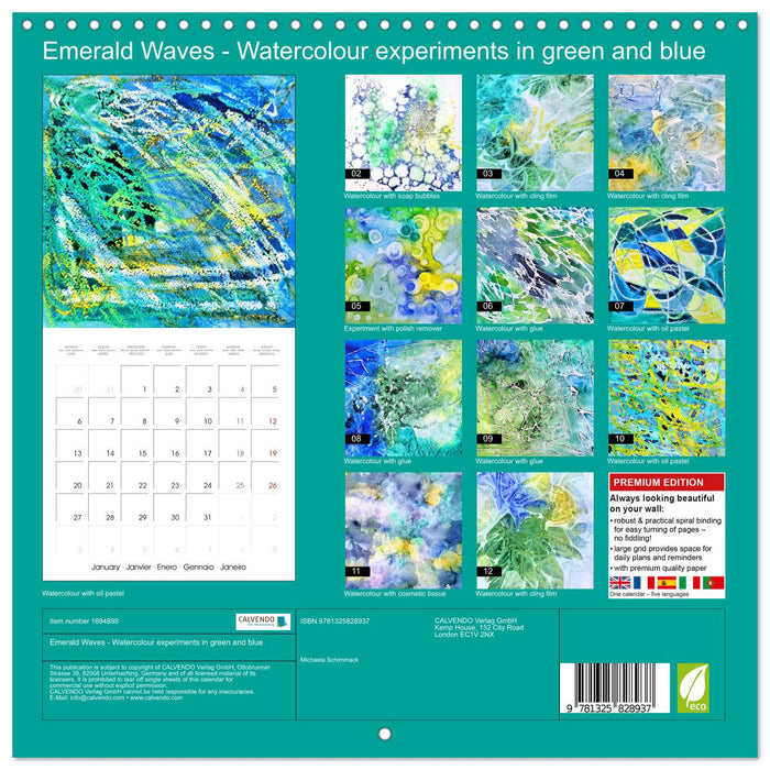 Emerald Waves - Watercolour experiments in green and blue (CALVENDO Monthly Calendar 2025)