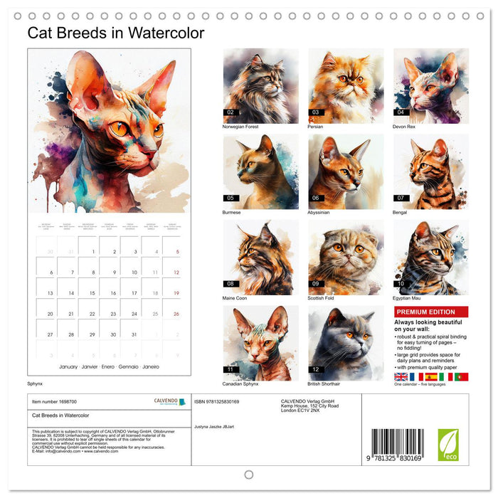 Cat Breeds in Watercolor (CALVENDO Monthly Calendar 2025)