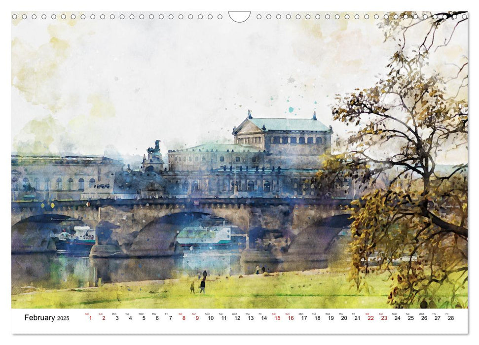 Dresden in watercolours - Tour through the historic old town (CALVENDO Monthly Calendar 2025)