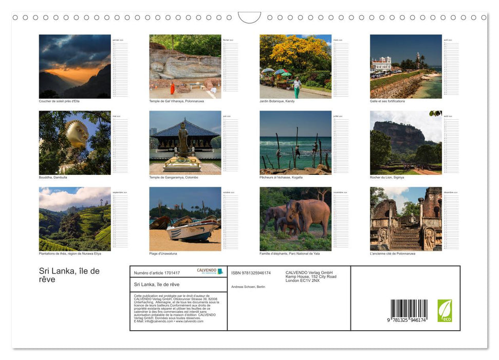 Sri Lanka, île de rêve (CALVENDO Calendrier mensuel 2025)