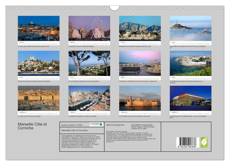 Marseille Côte et Corniche (CALVENDO Calendrier mensuel 2025)