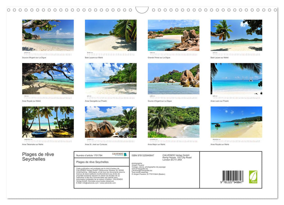 Plages de rêve Seychelles (CALVENDO Calendrier mensuel 2025)