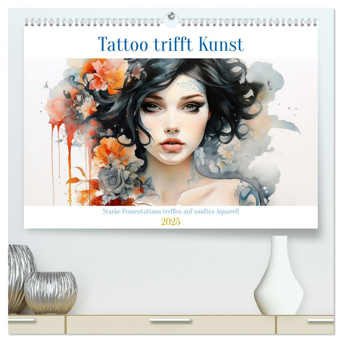Tattoo trifft Kunst - Starke Tattoos treffen auf sanftes Aquarell (CALVENDO Premium Wandkalender 2025)