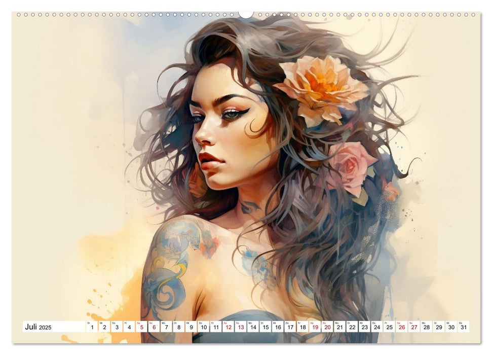 Tattoo trifft Kunst - Starke Tattoos treffen auf sanftes Aquarell (CALVENDO Premium Wandkalender 2025)