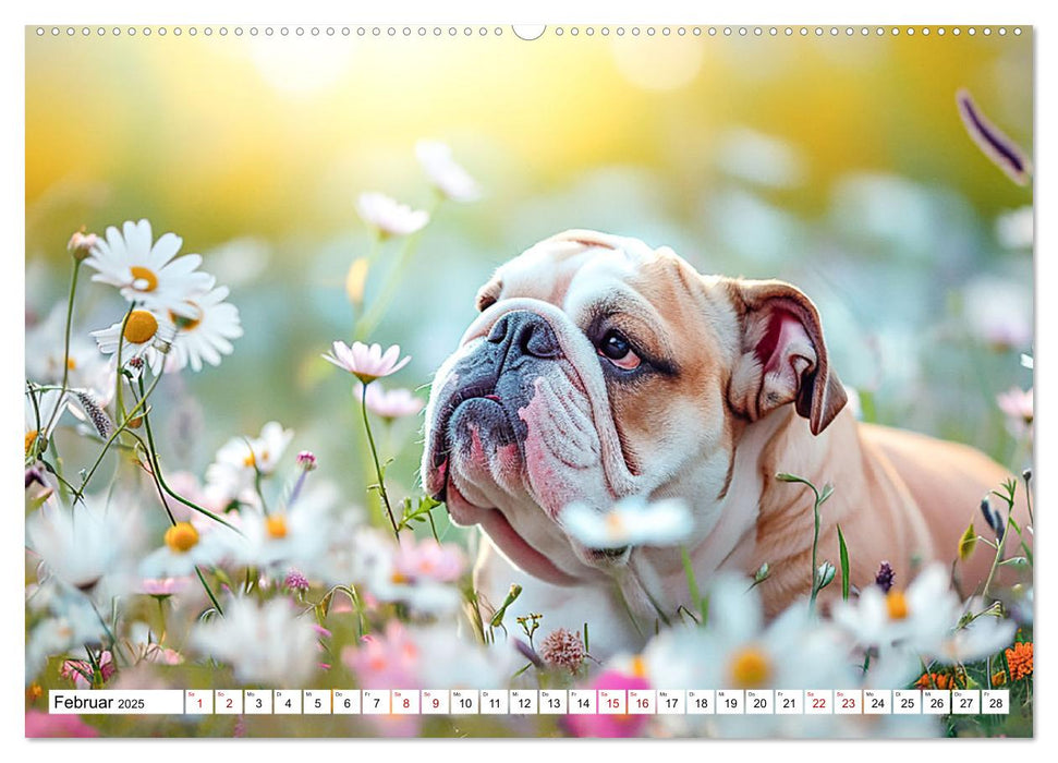 Englische Bulldoggen im Blütenmeer (CALVENDO Wandkalender 2025)