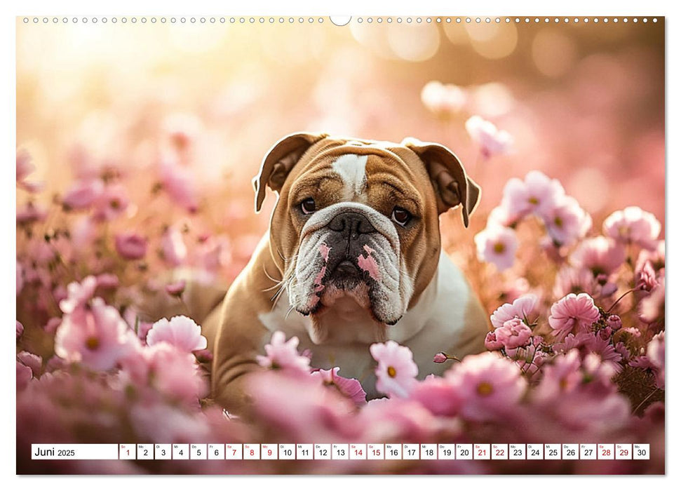 Englische Bulldoggen im Blütenmeer (CALVENDO Premium Wandkalender 2025)
