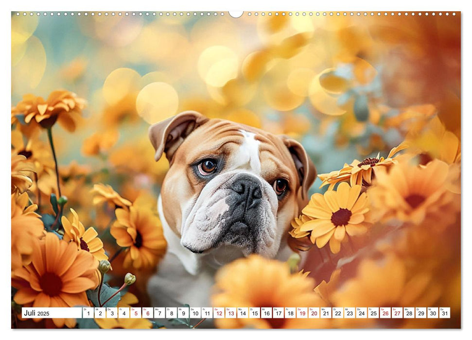 Englische Bulldoggen im Blütenmeer (CALVENDO Premium Wandkalender 2025)