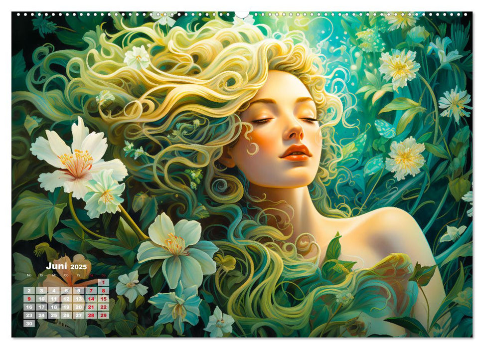 Blütenzauber - Farbenfrohe Illustrationen der Göttin Flora (CALVENDO Premium Wandkalender 2025)